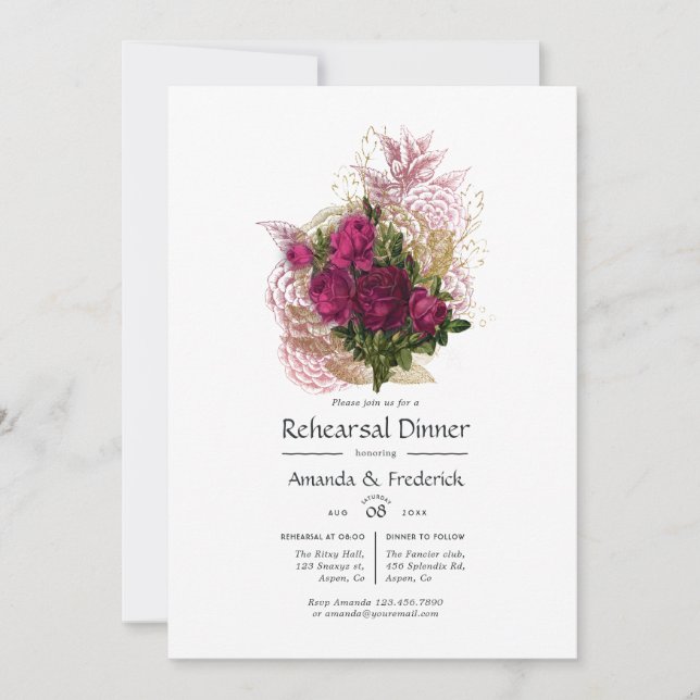 Invitation Dîner de répétition floral Blush Burgundy Gold Sha (Devant)