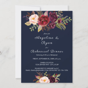 Invitation Dîner de répétition floral bordeaux marsala - Nuit