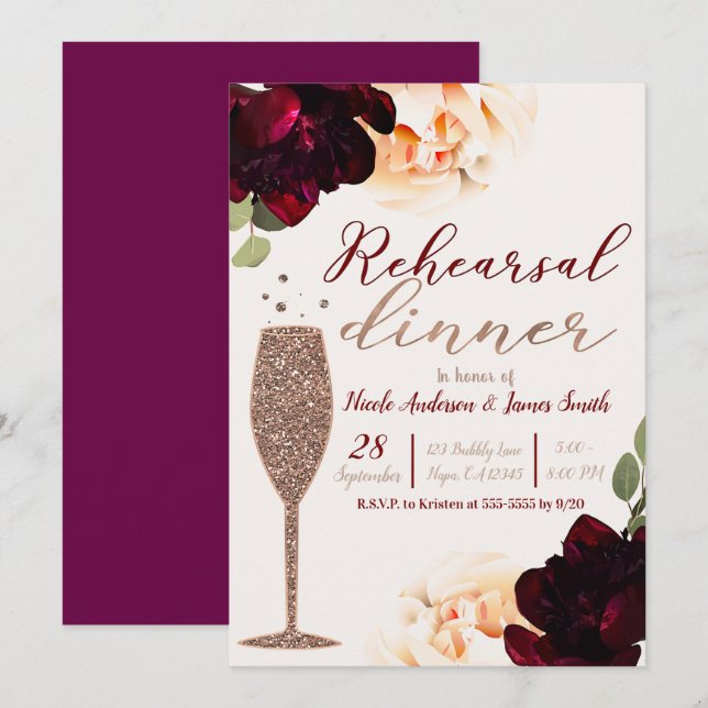 Invitation Dîner de répétition Floral Champagne Rose Gold (Devant / Derrière)