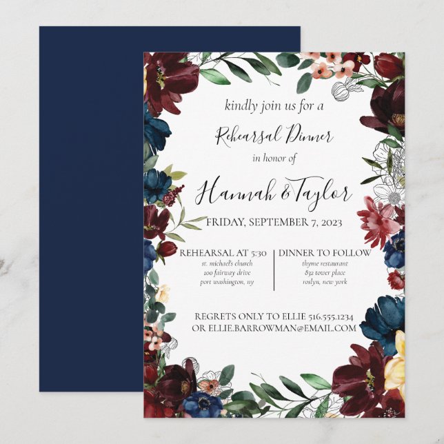 Invitation Dîner de répétition Floral de la Marine de Bourgog (Devant / Derrière)