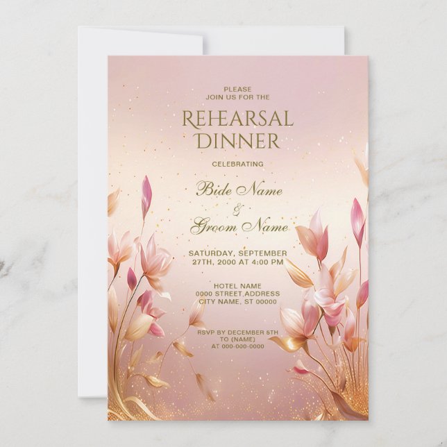 Invitation Dîner de répétition Floral Feuille rose (Devant)