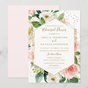 Invitation Dîner de répétition floral géométrique or rose