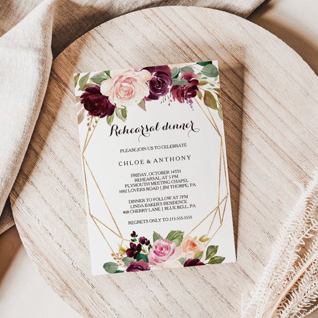 Invitation Dîner de répétition Floral Gold Geometry Bourgogne (Créateur téléchargé)