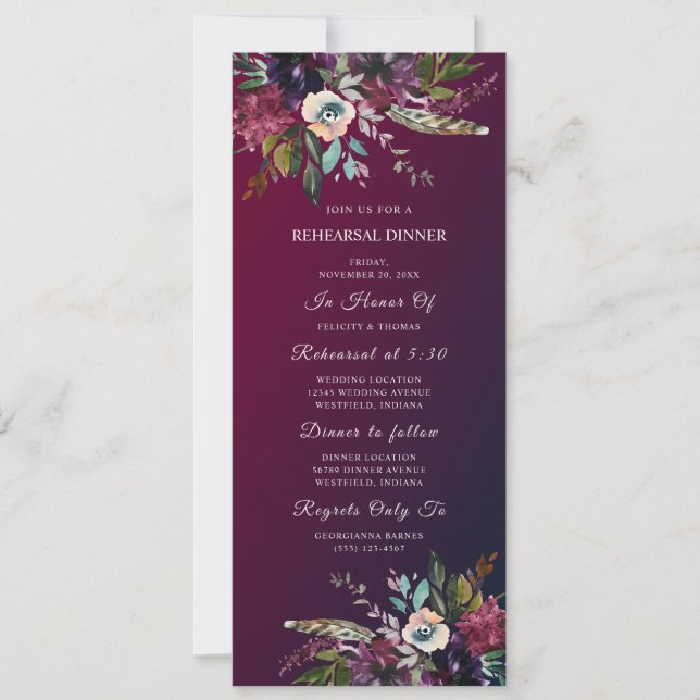 Invitation Dîner de répétition floral romantique de Bourgogne (Devant)