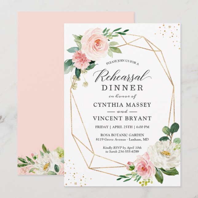 Invitation Dîner de répétition floral rose rose et élégant (Devant / Derrière)