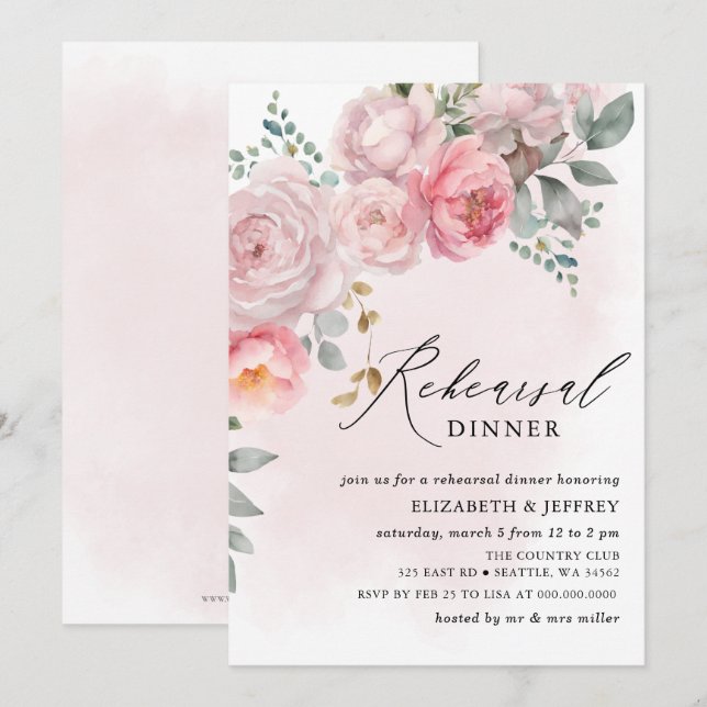 Invitation Dîner de répétition floral rose rose moderne (Devant / Derrière)