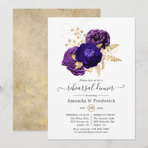 Invitation Dîner de répétition floral violet, pourpre et or
