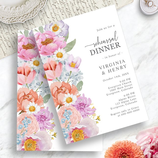 Invitation Dîner de répétition florale (Bright Floral Rehearsal Dinner Invitation by Painted Paperie
)