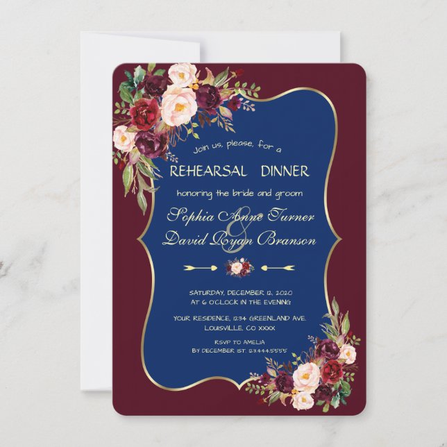 Invitation Dîner de répétition florale Bleu Bourgogne de Char (Devant)