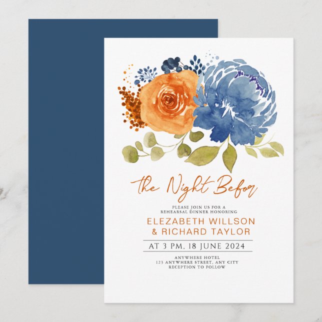 Invitation Dîner de répétition florale bleu brulé de la Marin (Devant / Derrière)