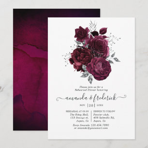 Invitation Dîner de répétition florale bordeaux et argenté