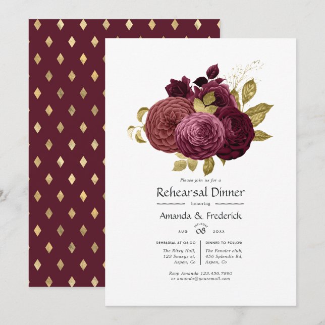 Invitation Dîner de répétition florale bourguignonne et or In (Devant / Derrière)