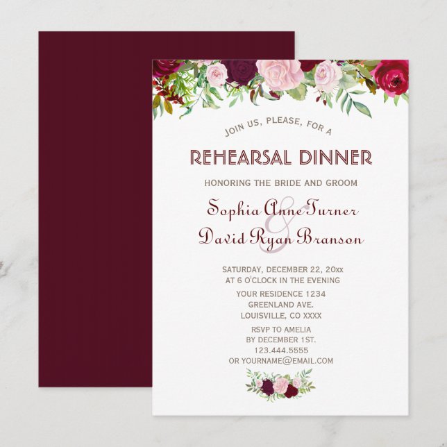 Invitation Dîner de répétition florale Charm Burgundy Marsala (Devant / Derrière)