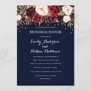 Invitation Dîner de répétition florale de la Marine Burgundy 