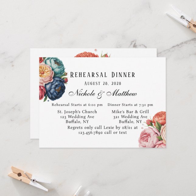 Invitation Dîner de répétition florale élégant (Devant/Arrière en situation)