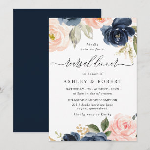 Invitation Dîner de répétition florale Elegant Blush & Navy