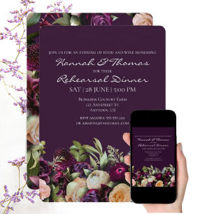 Invitation Dîner de répétition florale élégant, mauve et fonc