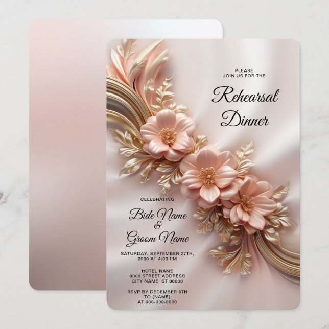 Invitation Dîner de répétition florale Elégant Orange Peach (Devant / Derrière)