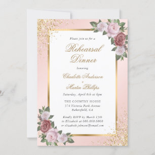 Invitation Dîner de répétition florale en or rose vif élégant