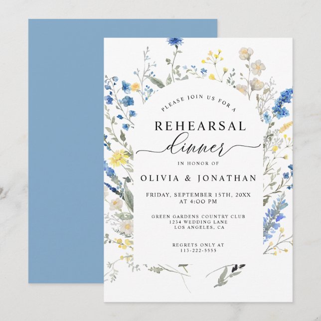 Invitation Dîner de répétition florale Fleurs bleues Dusty (Devant / Derrière)