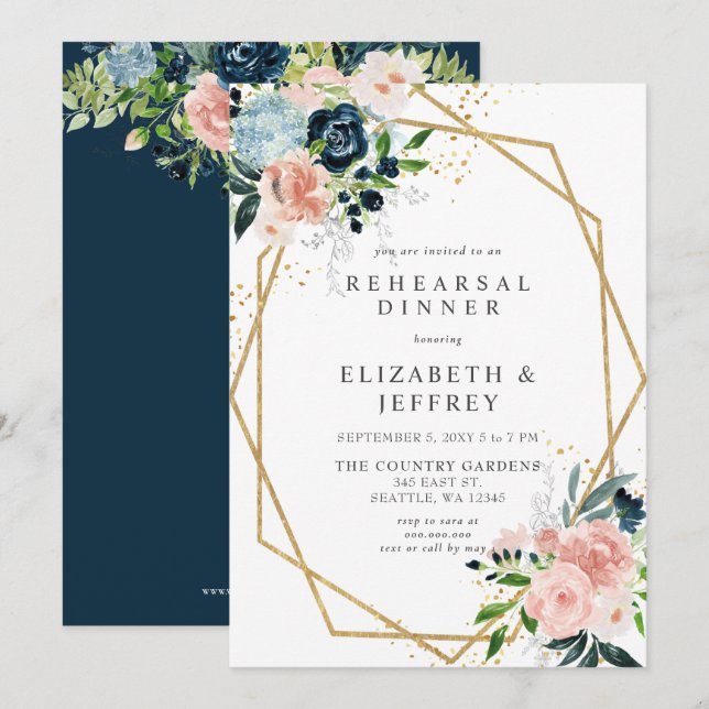 Invitation Dîner de répétition florale géométrique Blush Gold (Devant / Derrière)