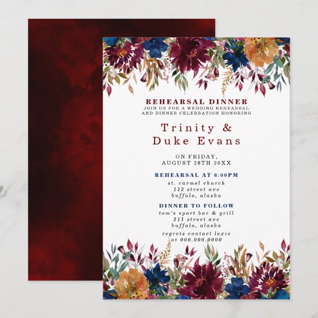 Invitation Dîner de répétition florale Marine Marsala Orange (Devant / Derrière)