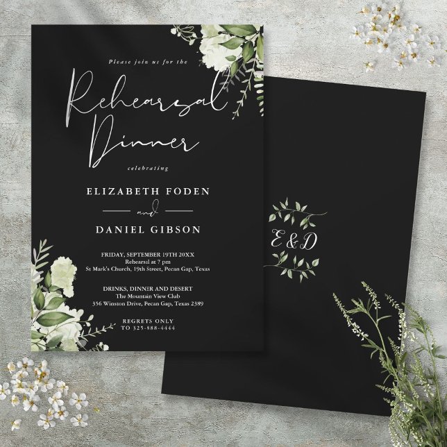 Invitation Dîner De Répétition Florale Noir Et Blanc (Greenery Floral Black And White Rehearsal Dinner Invitation)
