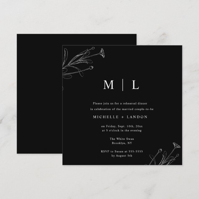 Invitation Dîner de répétition florale noir et blanc Invitati (Devant / Derrière)