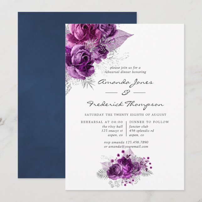 Invitation Dîner de répétition florale Plum and Navy (Devant / Derrière)