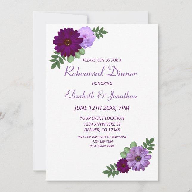 Invitation Dîner de répétition florale Purple Peony (Devant)