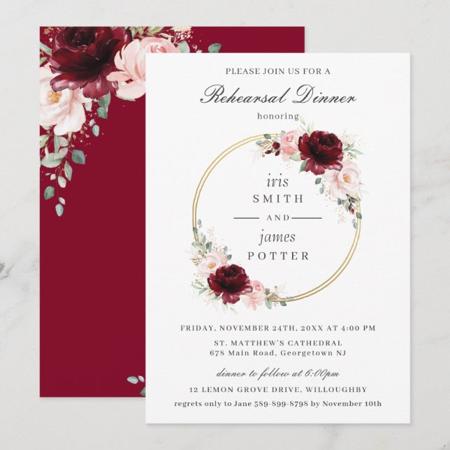 Invitation Dîner de répétition florale rose bordeaux (Devant / Derrière)