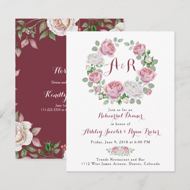 Invitation Dîner de répétition florale rose de Bourgogne (Devant / Derrière)