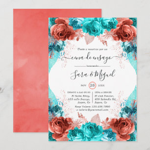 Invitation Dîner de répétition Florale Turquoise & Coral