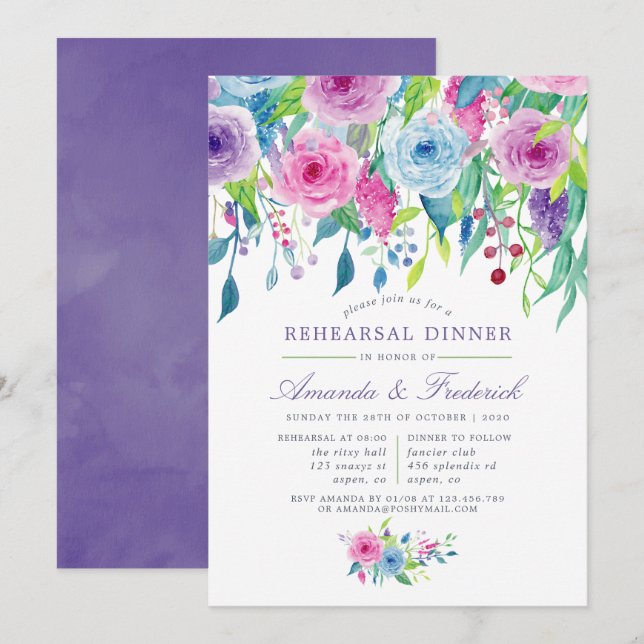 Invitation Dîner de répétition florale ultra violet (Devant / Derrière)