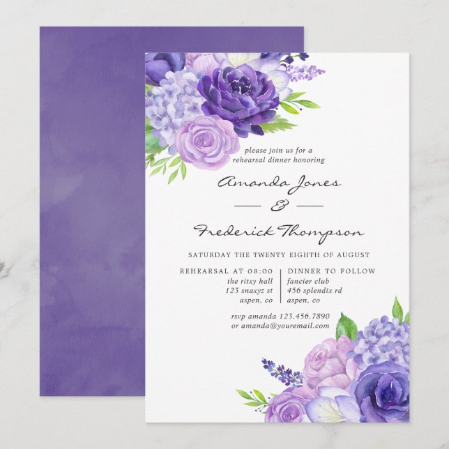 Invitation Dîner de répétition florale ultra violet (Devant / Derrière)
