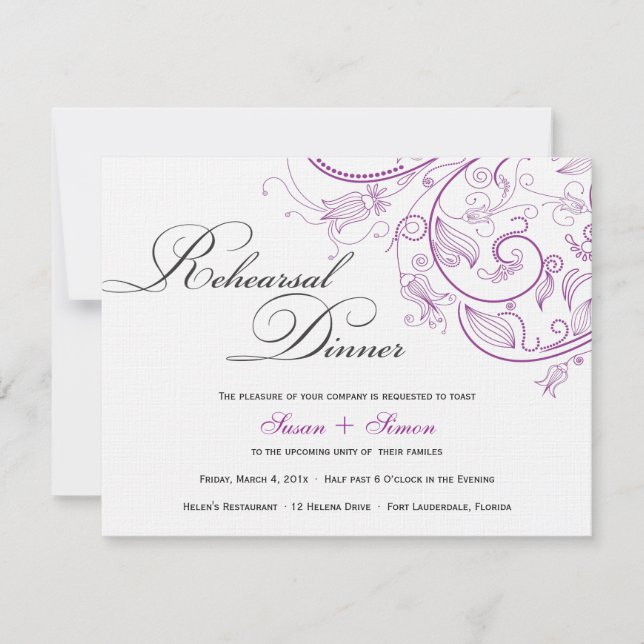 Invitation Dîner de répétition florale violet élégant Invitat (Devant)