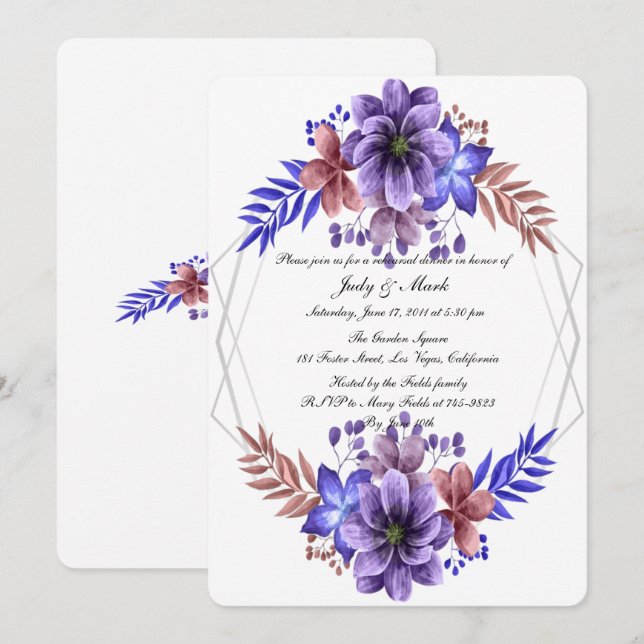 Invitation Dîner De Répétition Florale Violet Et Bleu (Devant / Derrière)