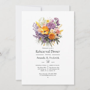 Invitation Dîner de répétition florale violet, orange et jaun