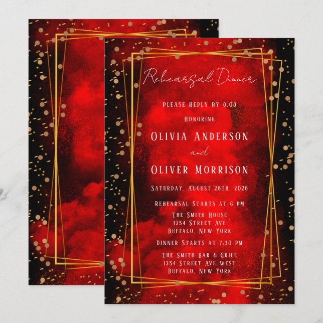 Invitation Dîner de répétition géométrique Black and Red Smok (Devant / Derrière)