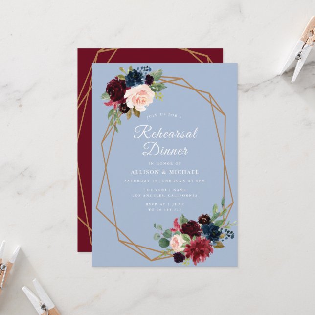 Invitation dîner de répétition géométrique bleu roux (Devant/Arrière en situation)