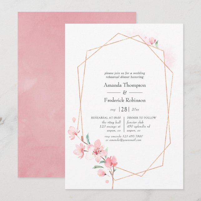 Invitation Dîner de répétition géométrique en fleur de cerisi (Devant / Derrière)