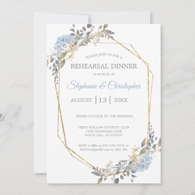 Invitation Dîner de répétition géométrique Gold Dusty Blue Fl (Devant)