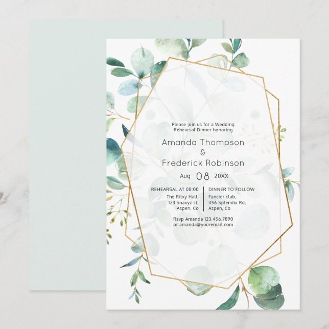 Invitation Dîner de répétition géométrique Pastel Eucalyptus (Devant / Derrière)