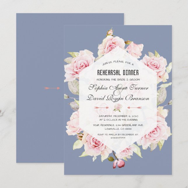 Invitation Dîner de répétition géométrique rose floral bleu (Devant / Derrière)