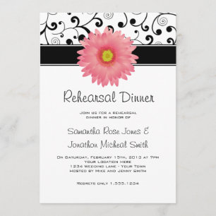 Invitation Dîner de répétition Gérbera Rose Daisy Black Scrol
