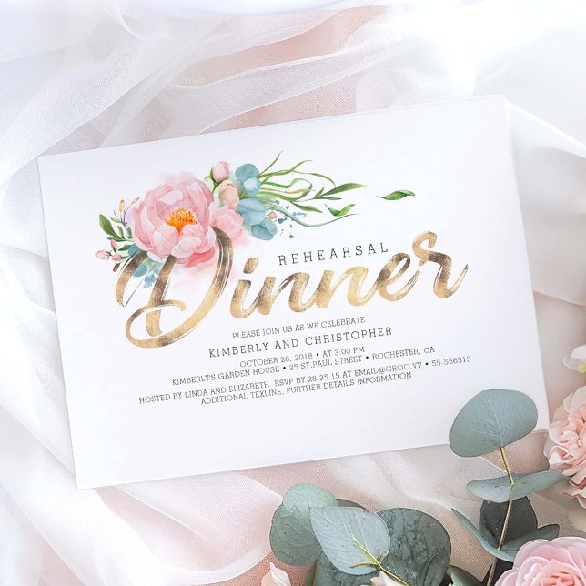 Invitation Dîner de répétition Gold and Blush Pink Florals (Floral Gold Calligraphy Rehearsal Dinner Invitations)