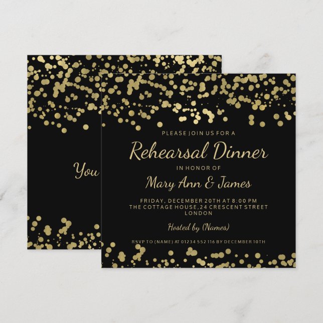 Invitation Dîner de répétition Gold Foil Look Confetti (Devant / Derrière)