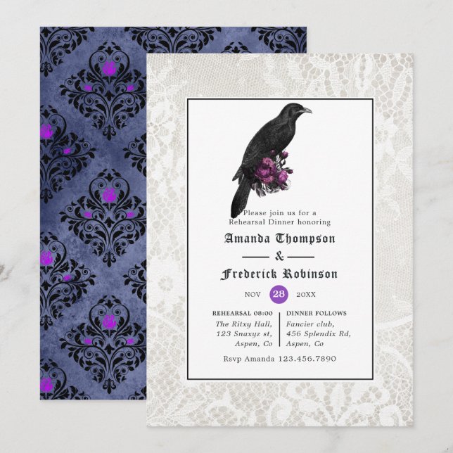 Invitation Dîner de répétition gothique Floral Damask et dent (Devant / Derrière)