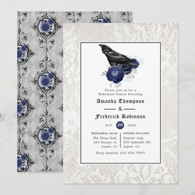 Invitation Dîner de répétition gothique floral et dentelle Ma (Devant / Derrière)