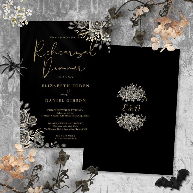 Invitation Dîner De Répétition Gothique Florale Noire Et Or (Gothic Floral Black And Gold Rehearsal Dinner Invitation)